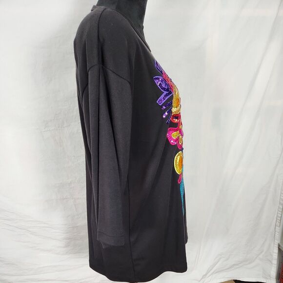 Vtg Victoria Harbour Medium Sequin Embellished Black 3/4 Sleeve Floral Shirt Top - Picture 7 of 11